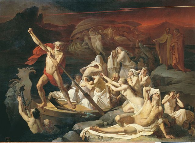 Divina Commedia Caronte porta anime attraverso il fiume