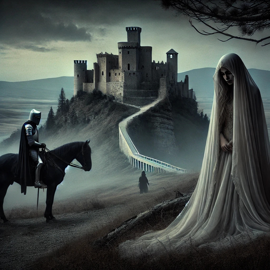 Castello di Pietra, con Pia in primo piano e un cavaliere solitario