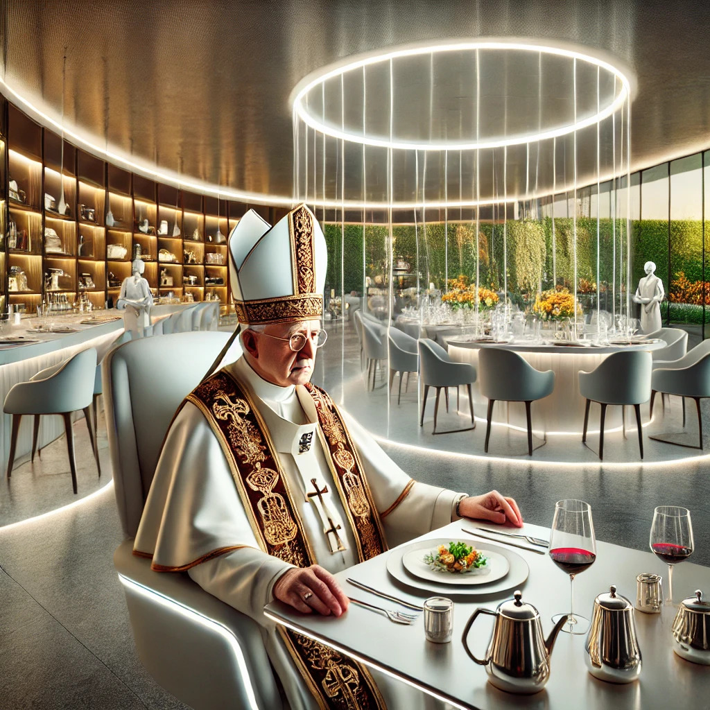 (Papa Silvestro II) in abiti papali, seduto in un ristorante moderno con un tocco futuristico