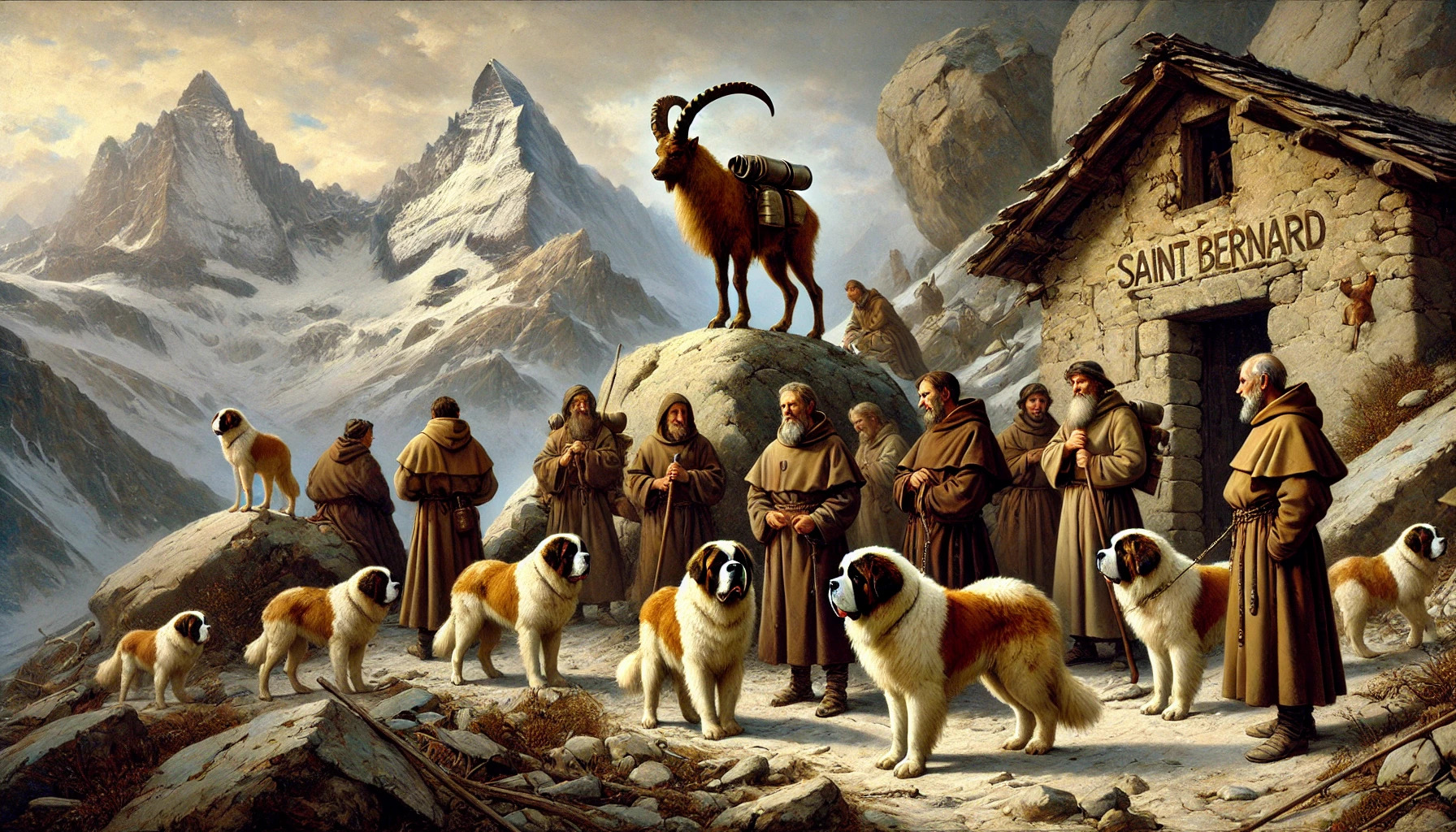 scena alpina medievale con monaci e cani San Bernardo, accanto al misterioso stambecco che osserva da una sporgenza