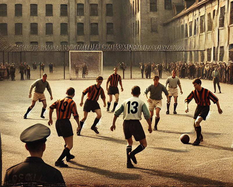 torneo di calcio in un ambiente particolare il cortile di un vecchio ospedale psichiatrico copia