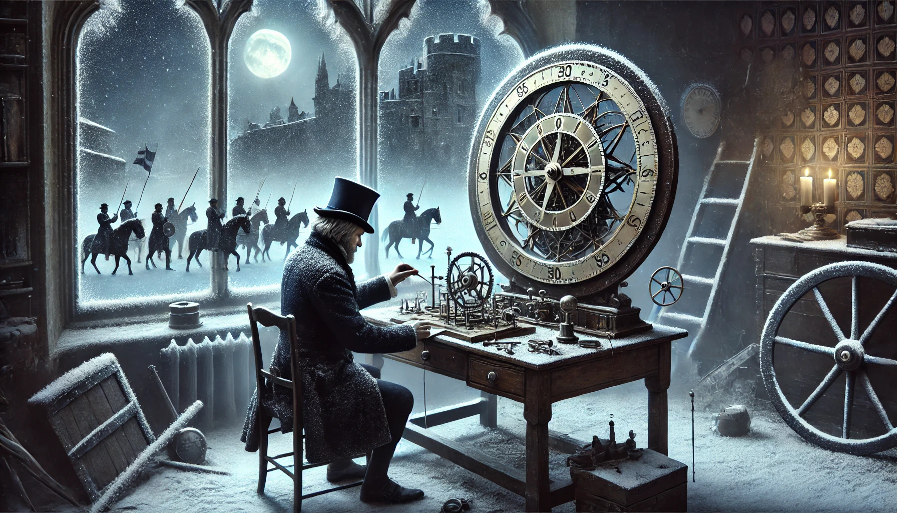 gentiluomo vittoriano progetta un orologio inverso mentre il passato e il presente si fondono