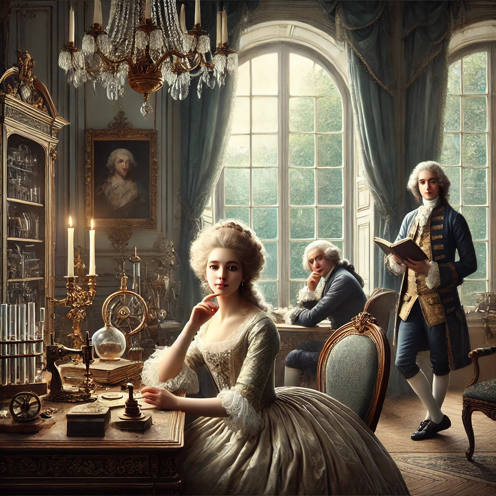salotto settecentesco raffinato, con Émilie du Châtelet, Voltaire e Jean-François de Saint-Lambert