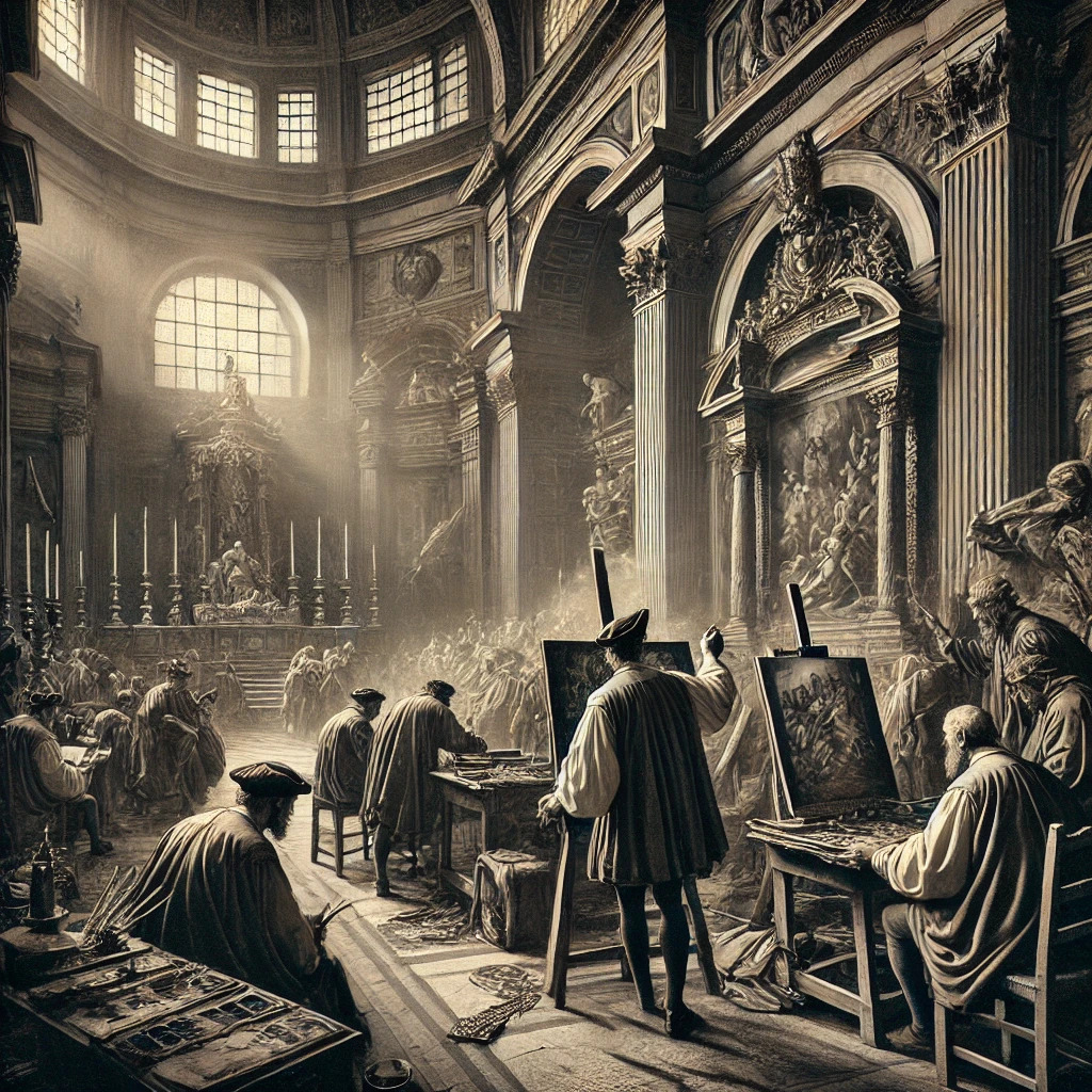 Giorgio Vasari al lavoro all'interno del Battistero di Firenze