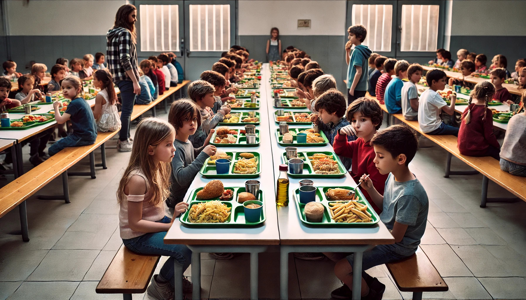 mensa-scolastica-con-bambini-che-ricevono-pasti-diversi