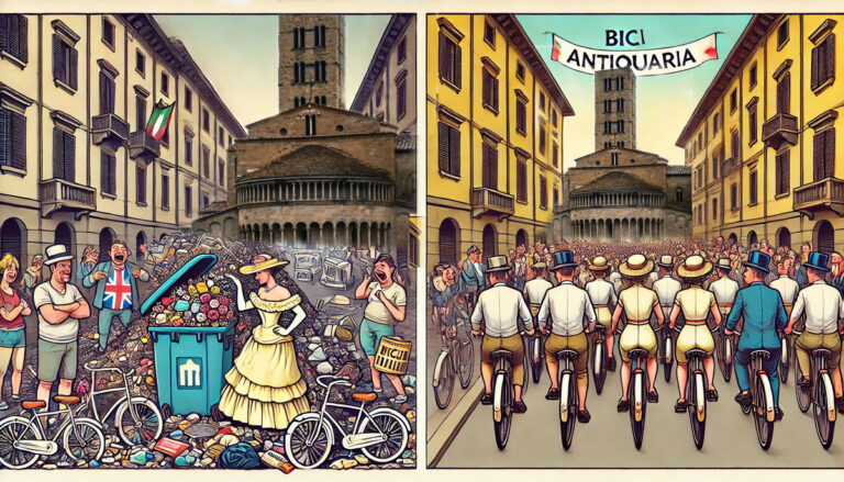 Arezzo tra rifiuti e turismo: mentre le strade si riempiono di spazzatura, arriva il grande evento delle biciclette d’epoca!