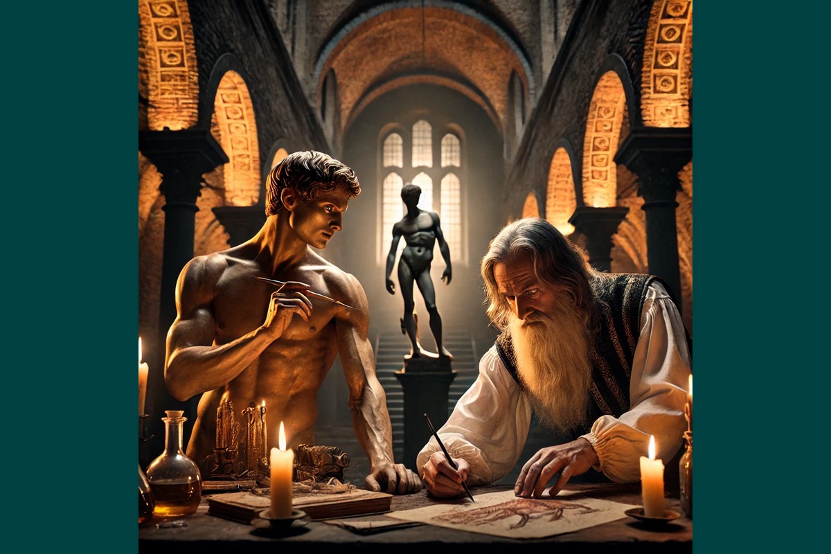 Michelangelo e Leonardo da Vinci intenti a dissezionare un cadavere