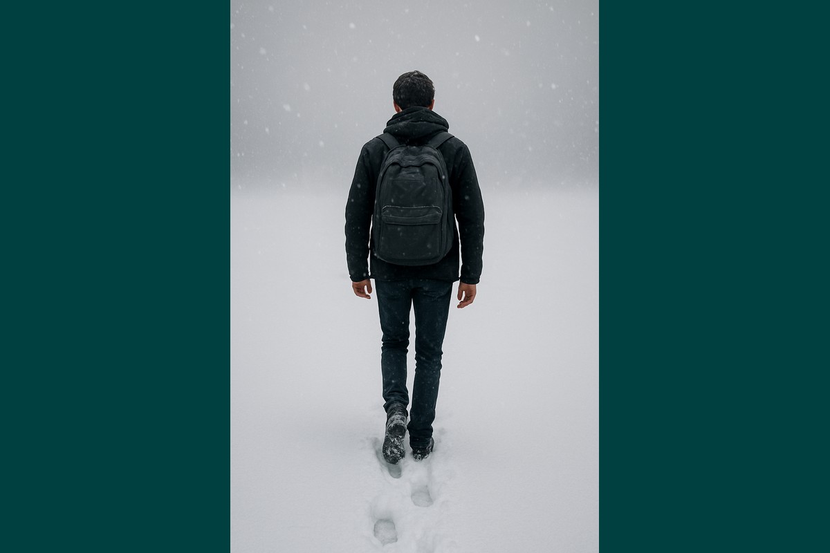 Ragazzo di spalle con zaino in mezzo alla neve