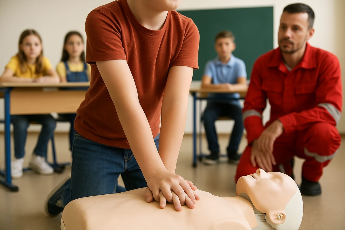 bambino che pratica il primo soccorso su un manichino
