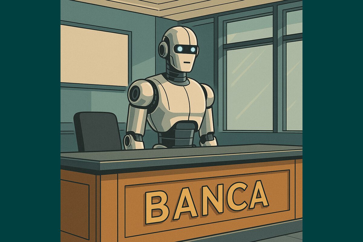 Robot dietro uno sportello bancario vuoto
