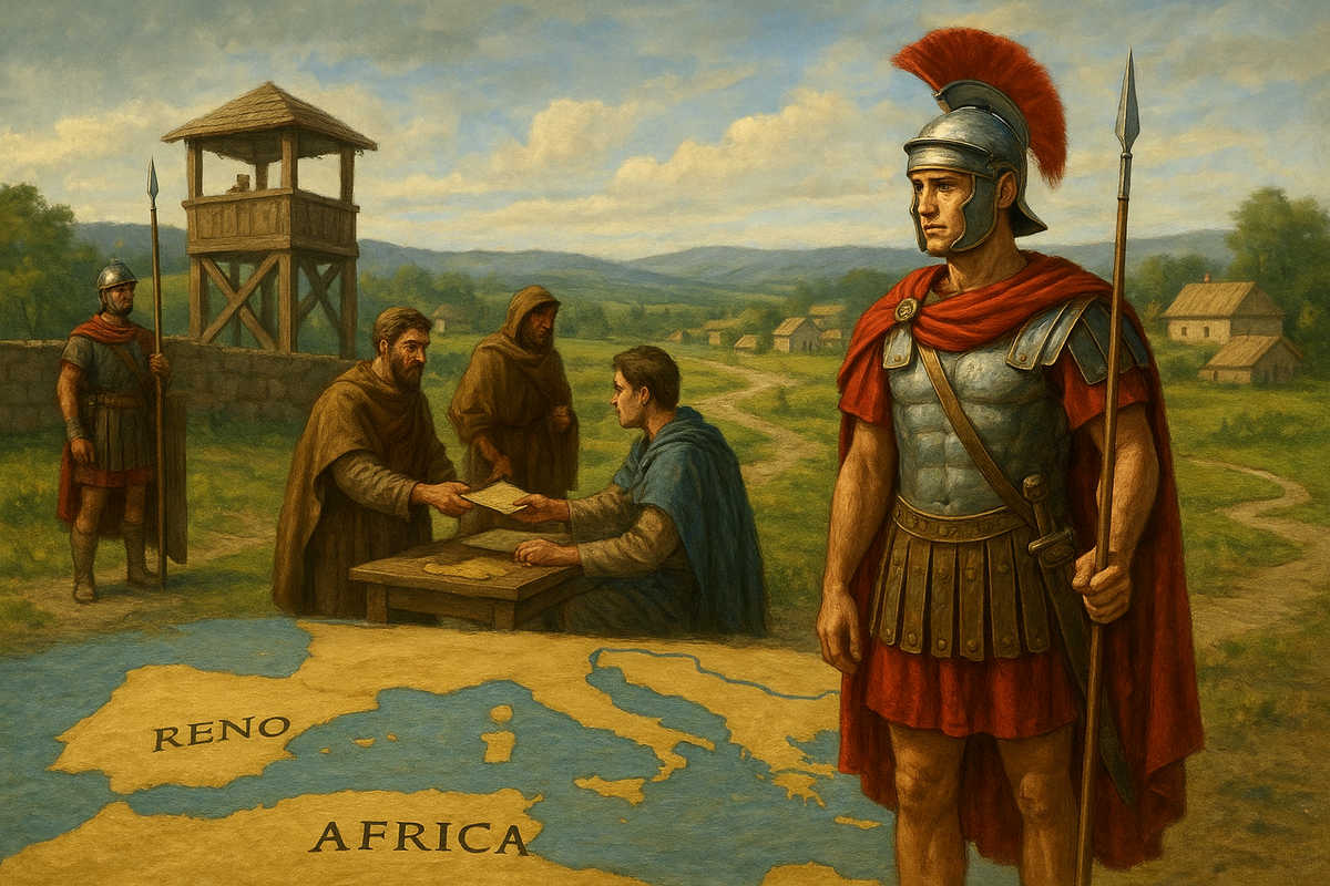 Mappa e mercanti o viaggiatori che attendono permessi di passaggio