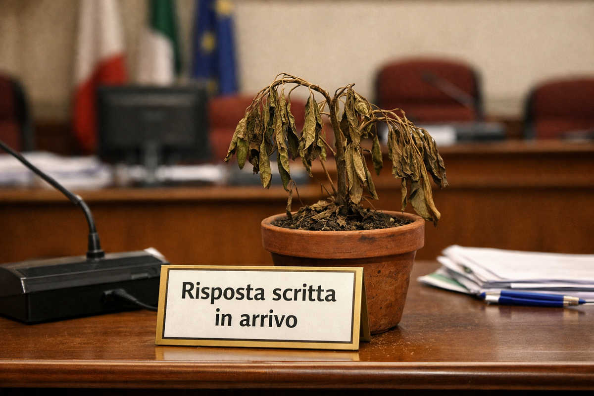 Piantina rinsecchita in vaso su una scrivania comunale
