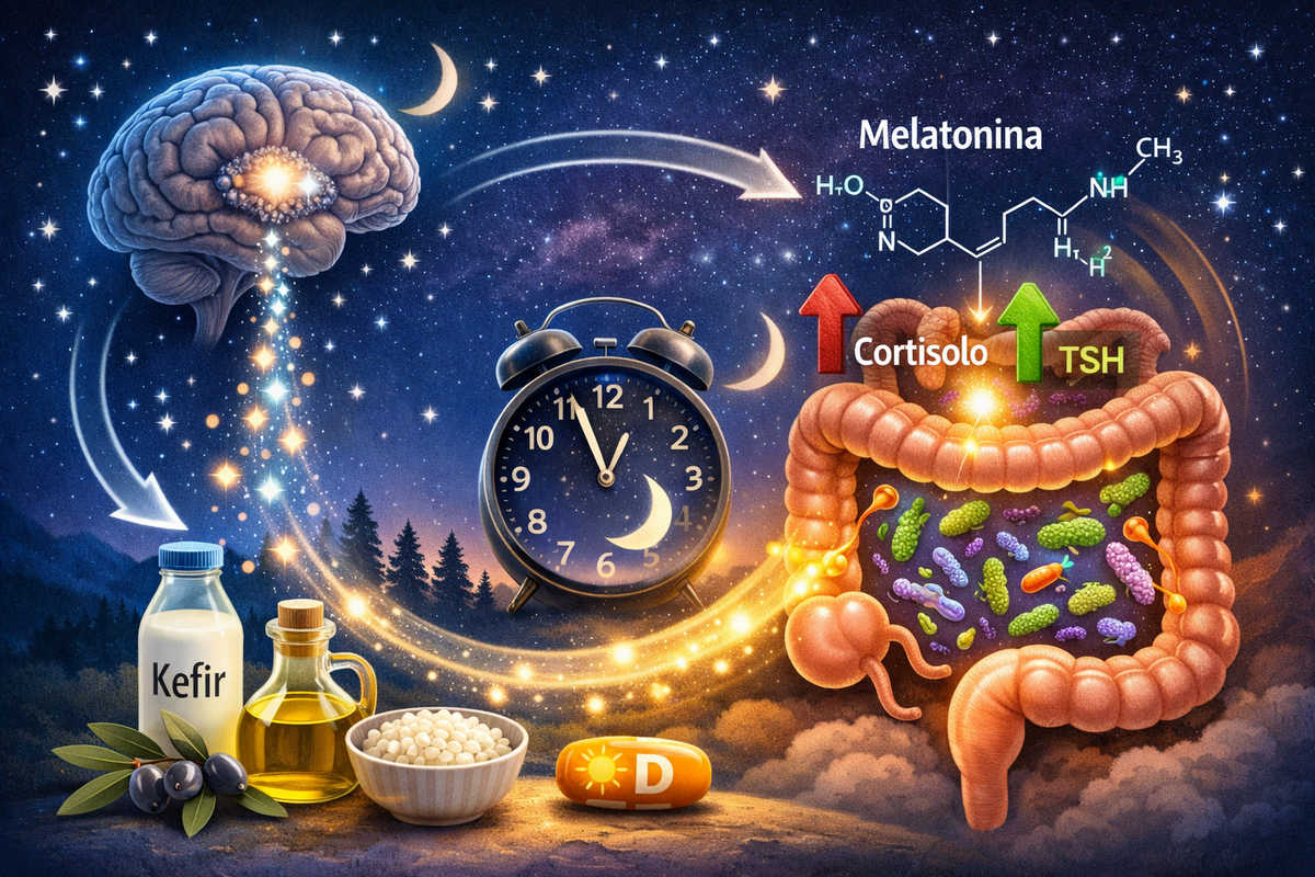 illustrazione dell’asse intestino–cervello durante la notte