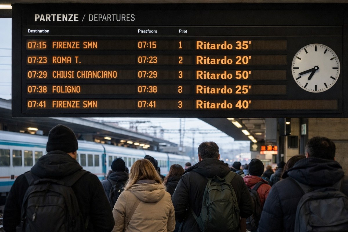 Stazione con ritardi e passeggeri in attesa