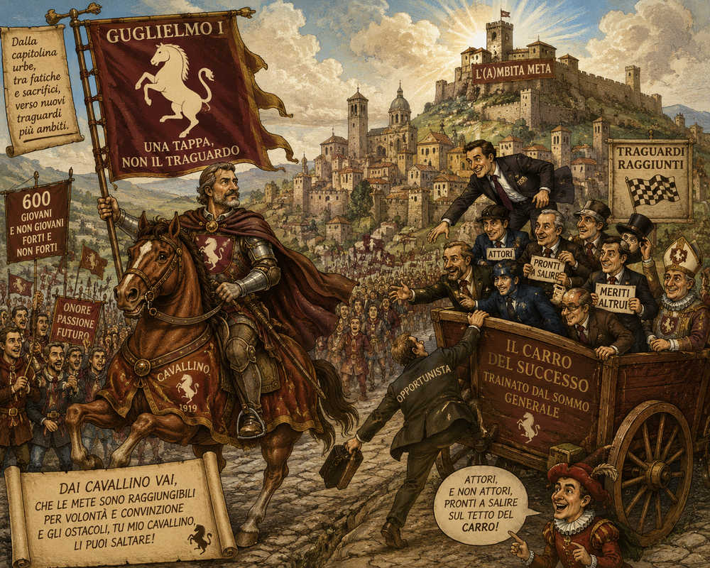 Condottiero medievale a cavallo con i colori amaranto del Cavallino
