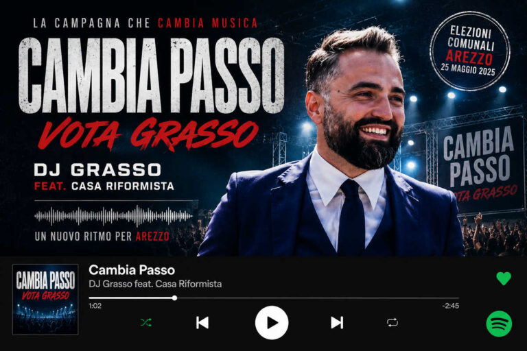 Apre il point di Grasso: musica rock a palla e ritornello ipnotico “Cambia passo, vota Grasso”. Segnalati tre pensionati entrati pensando fosse il Festivalbar
