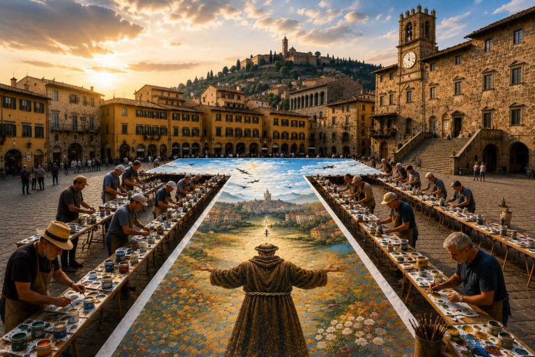 A Cortona San Francesco si fa in 50 metri: pennelli alla mano per il Tau più lungo della Valdichiana