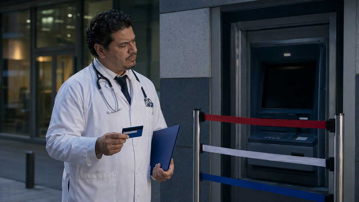 medici-cubani-conto-bloccato-arezzo Medico cubano davanti a uno sportello bancario chiuso, immagine satirica sul blocco del conto