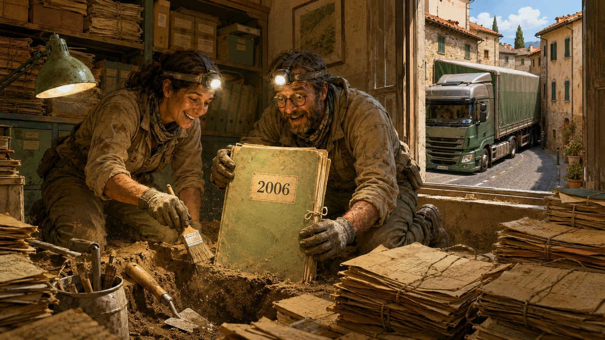 Satira sul ritrovamento del vecchio progetto della bretella per Montione