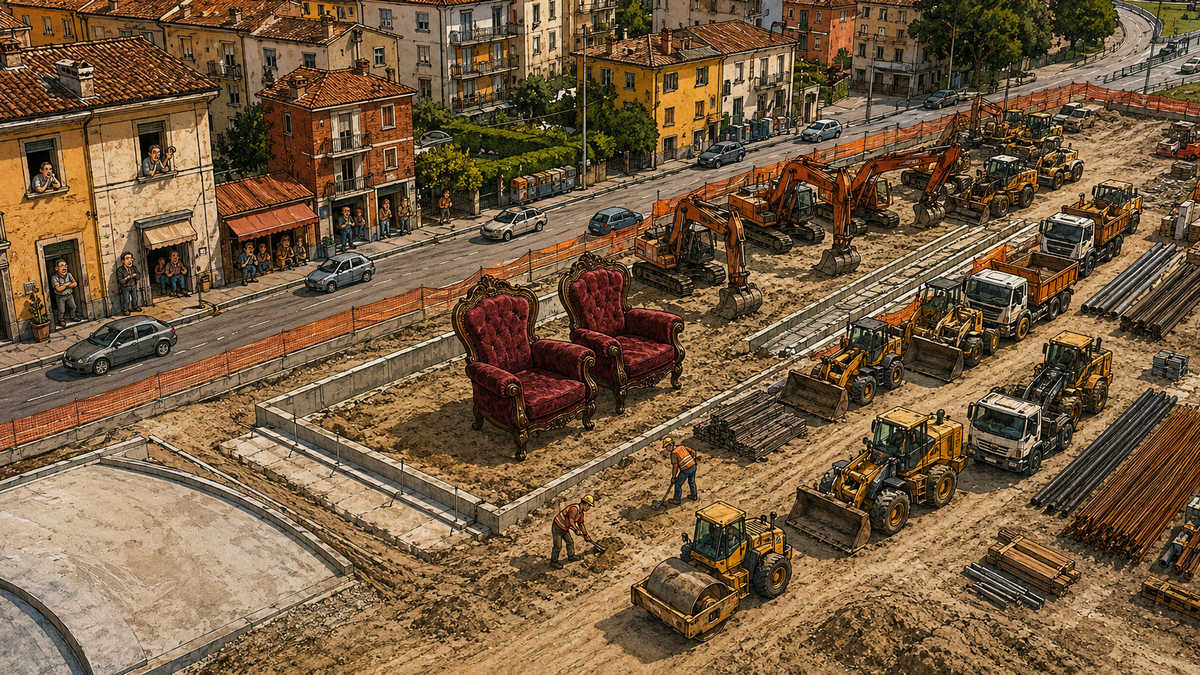 teoria-doppio-culo-rotatoria-via-fiorentina-arezzo Satira sul cantiere della rotatoria di via Fiorentina ad Arezzo con doppie poltrone, ruspe ferme e pochi operai