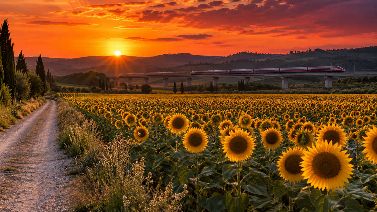 Campi di girasoli nella campagna della Valdichiana al tramonto con treno ad alta velocità sul viadotto.