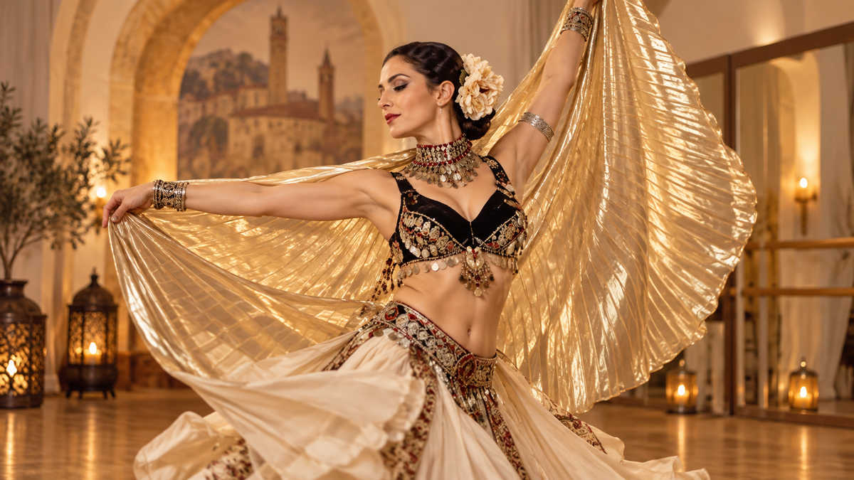 Ballerina di danza orientale con ali dorate, immagine illustrativa per i corsi di Prem Mahan ad Arezzo