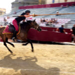 Giostratore al galoppo con la lancia durante le prove della Giostra
