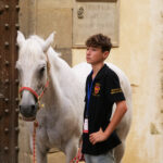 Giostratore su cavallo bianco punta la lancia verso il Buratto
