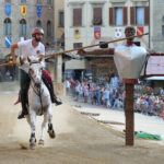 Giostratore a cavallo in attesa accanto alla lizza