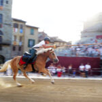 Giostratore al galoppo in Piazza Grande durante le prove della Giostra