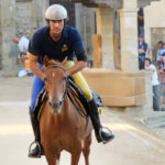 Giostratore a cavallo ripreso frontalmente all’ingresso della lizza