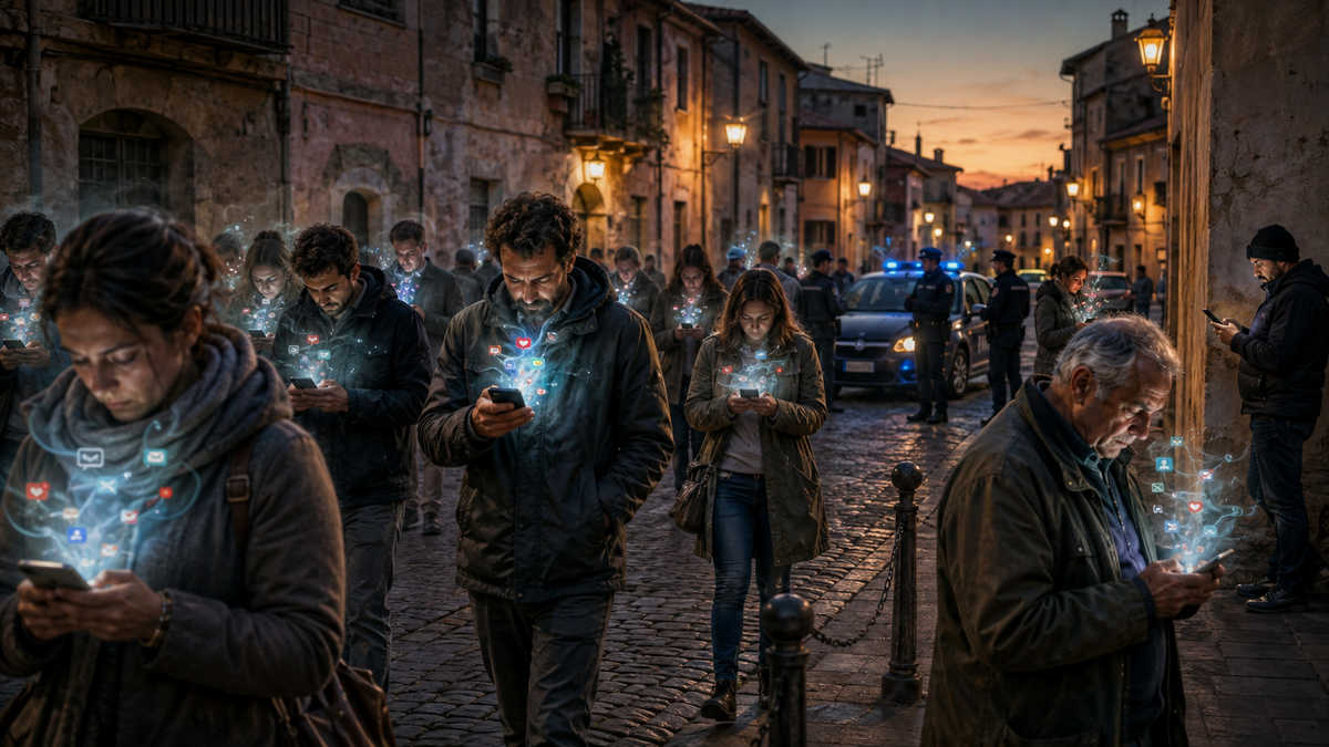 Persone immerse negli smartphone in una scena satirica sulle dipendenze digitali e sociali