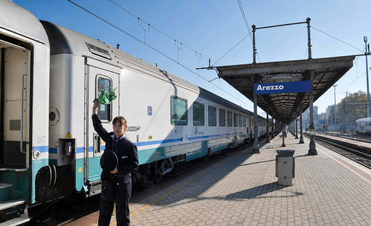 treno-stazione-arezzo Capotreno alza il segnale verde accanto a un convoglio fermo alla stazione di Arezzo.