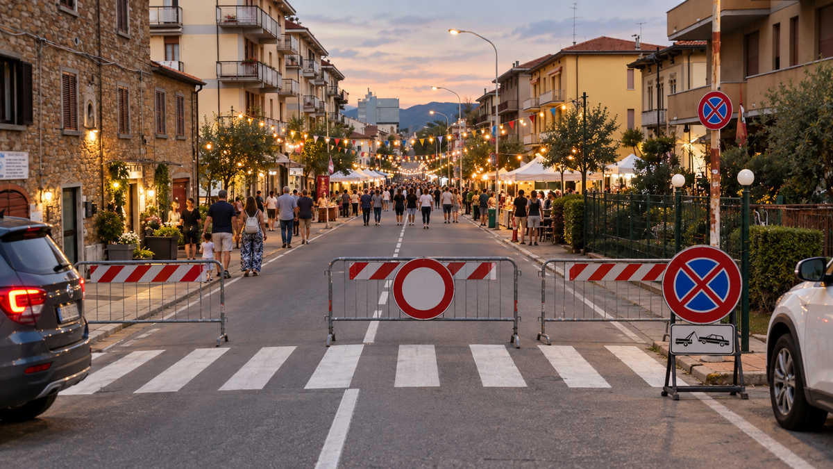 Via Romana ad Arezzo chiusa al traffico durante la festa con transenne e persone in strada